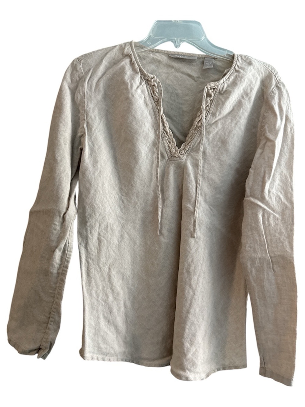Neutral Beige Linen Crocheted Lace-Trim V Neck Long Sleeve Tunic Peasant Top L